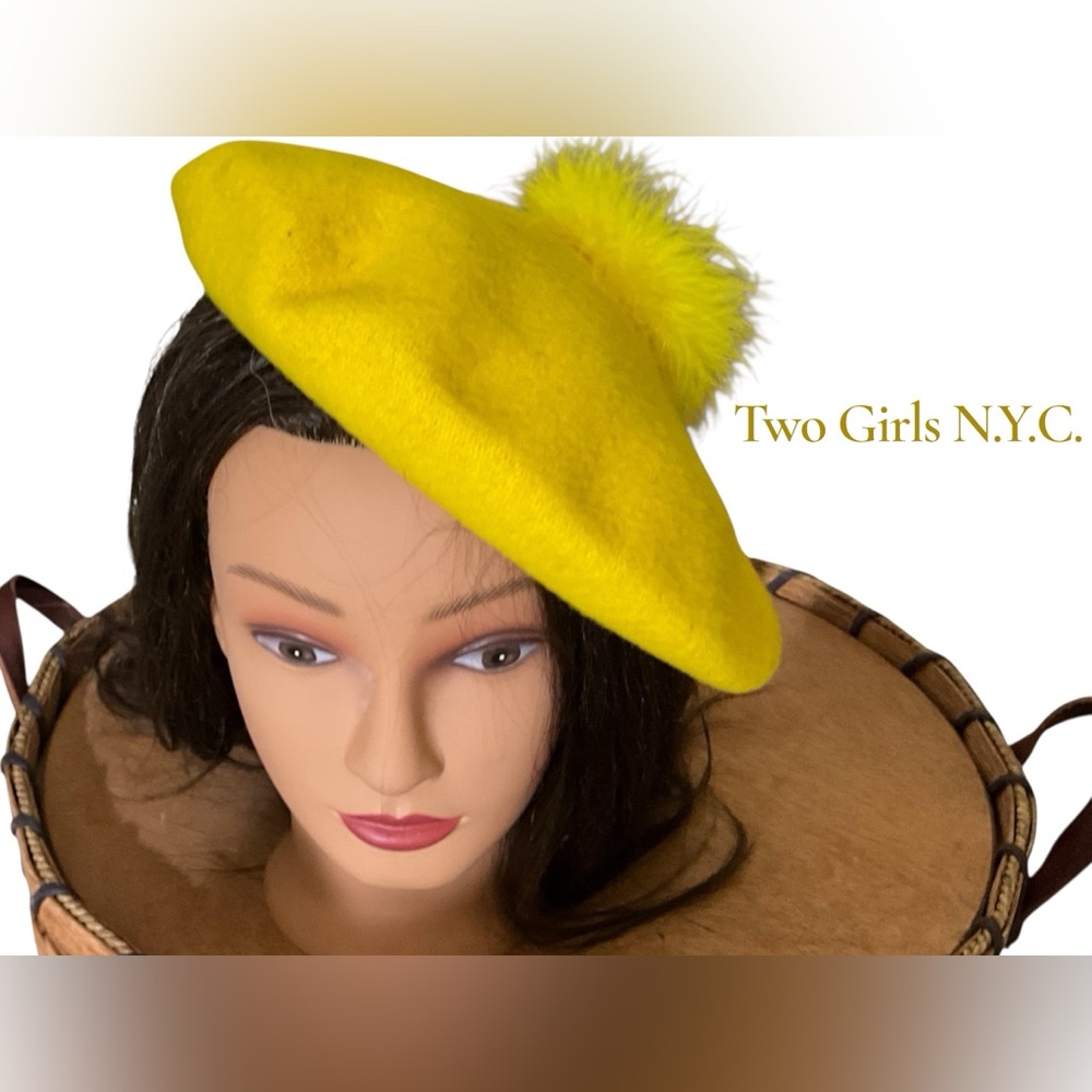 Two Girls N.Y.C. Vibrant Yellow Tam Beret with Fluffy Pom-Pom Retro Mod - Picture 2 of 9